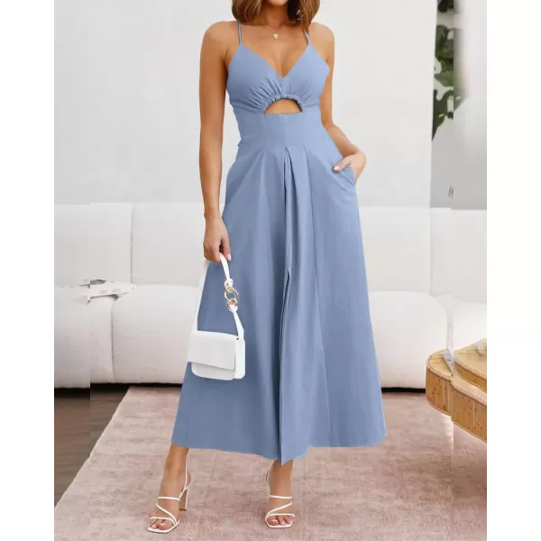 imageBTFBM Women 2023 Summer Spaghetti Strap Dress Sleeveless V Neck Cutout Slit Casual Beach Party Maxi Dresses with PocketsSolid Grey Blue
