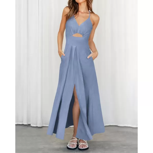 imageBTFBM Women 2023 Summer Spaghetti Strap Dress Sleeveless V Neck Cutout Slit Casual Beach Party Maxi Dresses with PocketsSolid Grey Blue