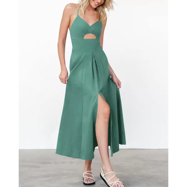 imageBTFBM Women 2023 Summer Spaghetti Strap Dress Sleeveless V Neck Cutout Slit Casual Beach Party Maxi Dresses with PocketsSolid Grey Green
