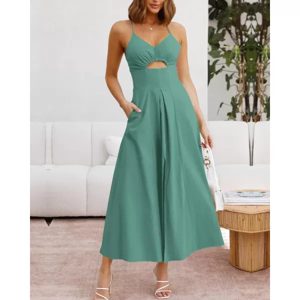 imageBTFBM Women 2023 Summer Spaghetti Strap Dress Sleeveless V Neck Cutout Slit Casual Beach Party Maxi Dresses with PocketsSolid Grey Green