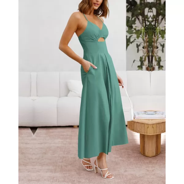 imageBTFBM Women 2023 Summer Spaghetti Strap Dress Sleeveless V Neck Cutout Slit Casual Beach Party Maxi Dresses with PocketsSolid Grey Green