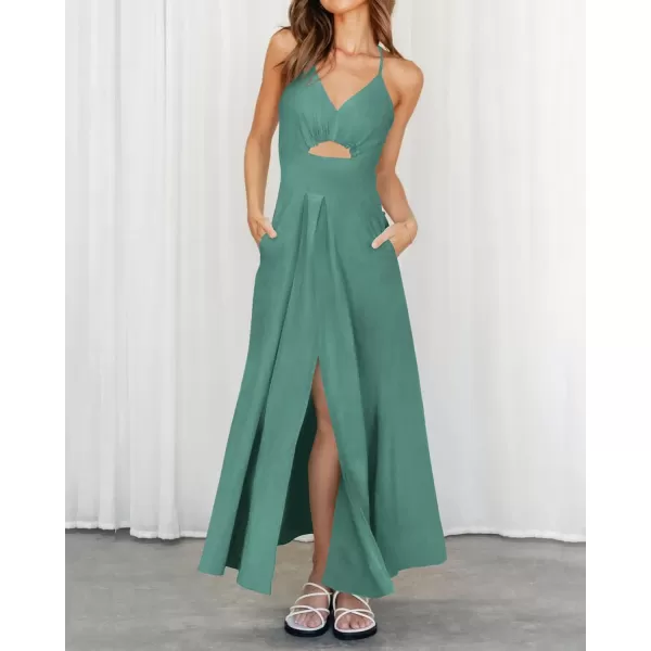 imageBTFBM Women 2023 Summer Spaghetti Strap Dress Sleeveless V Neck Cutout Slit Casual Beach Party Maxi Dresses with PocketsSolid Grey Green