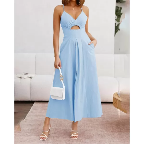imageBTFBM Women 2023 Summer Spaghetti Strap Dress Sleeveless V Neck Cutout Slit Casual Beach Party Maxi Dresses with PocketsSolid Light Blue