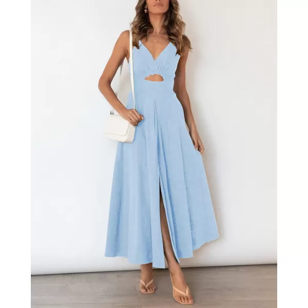 imageBTFBM Women 2023 Summer Spaghetti Strap Dress Sleeveless V Neck Cutout Slit Casual Beach Party Maxi Dresses with PocketsSolid Light Blue