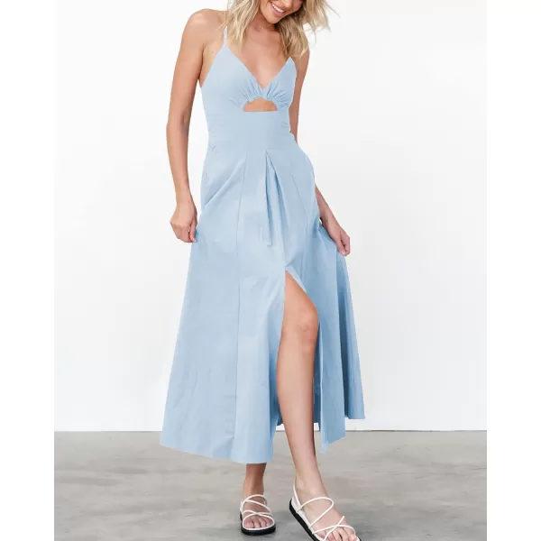 imageBTFBM Women 2023 Summer Spaghetti Strap Dress Sleeveless V Neck Cutout Slit Casual Beach Party Maxi Dresses with PocketsSolid Light Blue