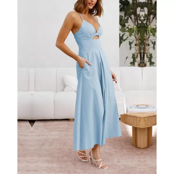 imageBTFBM Women 2023 Summer Spaghetti Strap Dress Sleeveless V Neck Cutout Slit Casual Beach Party Maxi Dresses with PocketsSolid Light Blue
