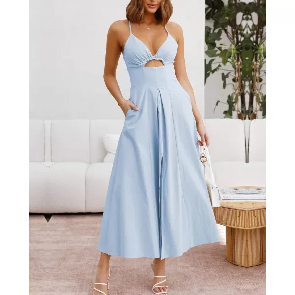 imageBTFBM Women 2023 Summer Spaghetti Strap Dress Sleeveless V Neck Cutout Slit Casual Beach Party Maxi Dresses with PocketsSolid Light Blue