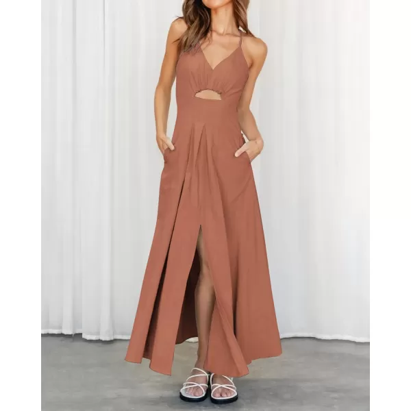 imageBTFBM Women 2023 Summer Spaghetti Strap Dress Sleeveless V Neck Cutout Slit Casual Beach Party Maxi Dresses with PocketsSolid Light Brown