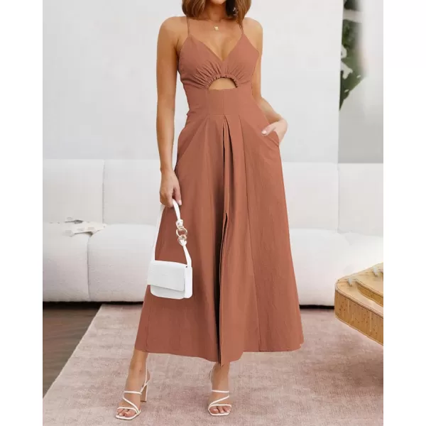 imageBTFBM Women 2023 Summer Spaghetti Strap Dress Sleeveless V Neck Cutout Slit Casual Beach Party Maxi Dresses with PocketsSolid Light Brown