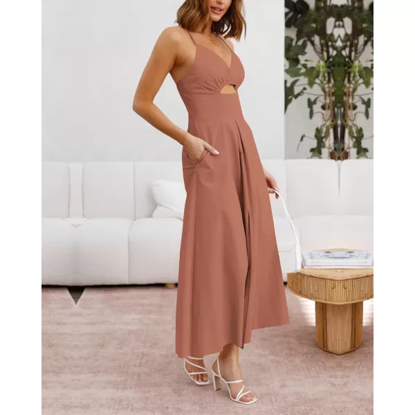 imageBTFBM Women 2023 Summer Spaghetti Strap Dress Sleeveless V Neck Cutout Slit Casual Beach Party Maxi Dresses with PocketsSolid Light Brown