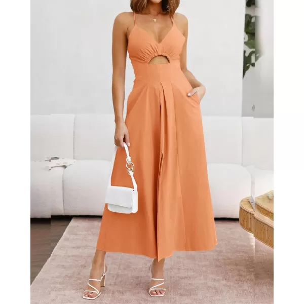 imageBTFBM Women 2023 Summer Spaghetti Strap Dress Sleeveless V Neck Cutout Slit Casual Beach Party Maxi Dresses with PocketsSolid Light Orange