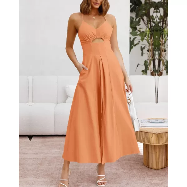 imageBTFBM Women 2023 Summer Spaghetti Strap Dress Sleeveless V Neck Cutout Slit Casual Beach Party Maxi Dresses with PocketsSolid Light Orange