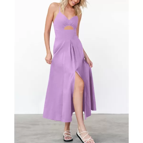 imageBTFBM Women 2023 Summer Spaghetti Strap Dress Sleeveless V Neck Cutout Slit Casual Beach Party Maxi Dresses with PocketsSolid Light Purple