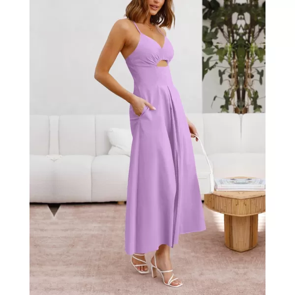 imageBTFBM Women 2023 Summer Spaghetti Strap Dress Sleeveless V Neck Cutout Slit Casual Beach Party Maxi Dresses with PocketsSolid Light Purple