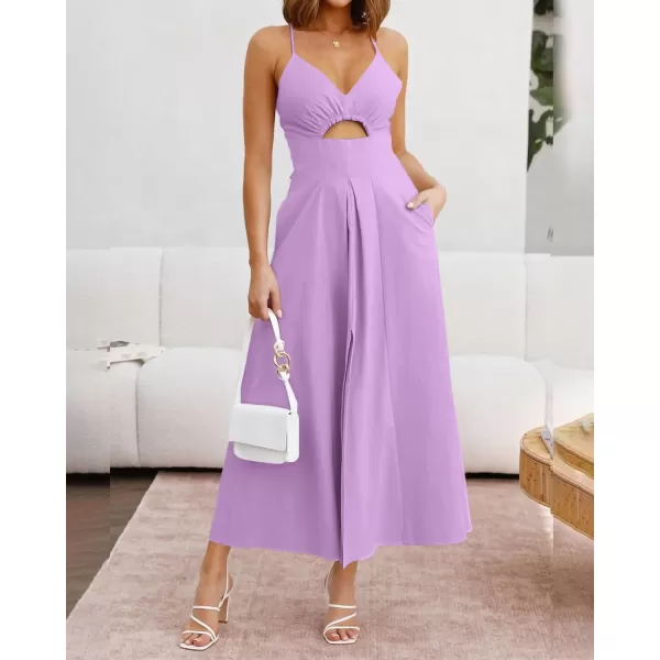 imageBTFBM Women 2023 Summer Spaghetti Strap Dress Sleeveless V Neck Cutout Slit Casual Beach Party Maxi Dresses with PocketsSolid Light Purple