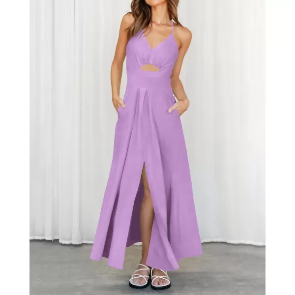 imageBTFBM Women 2023 Summer Spaghetti Strap Dress Sleeveless V Neck Cutout Slit Casual Beach Party Maxi Dresses with PocketsSolid Light Purple