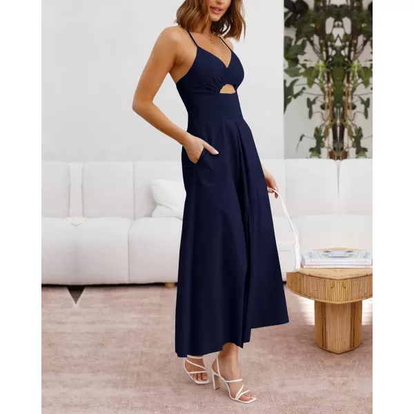 imageBTFBM Women 2023 Summer Spaghetti Strap Dress Sleeveless V Neck Cutout Slit Casual Beach Party Maxi Dresses with PocketsSolid Navy