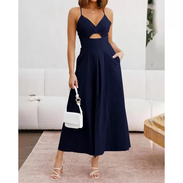 imageBTFBM Women 2023 Summer Spaghetti Strap Dress Sleeveless V Neck Cutout Slit Casual Beach Party Maxi Dresses with PocketsSolid Navy