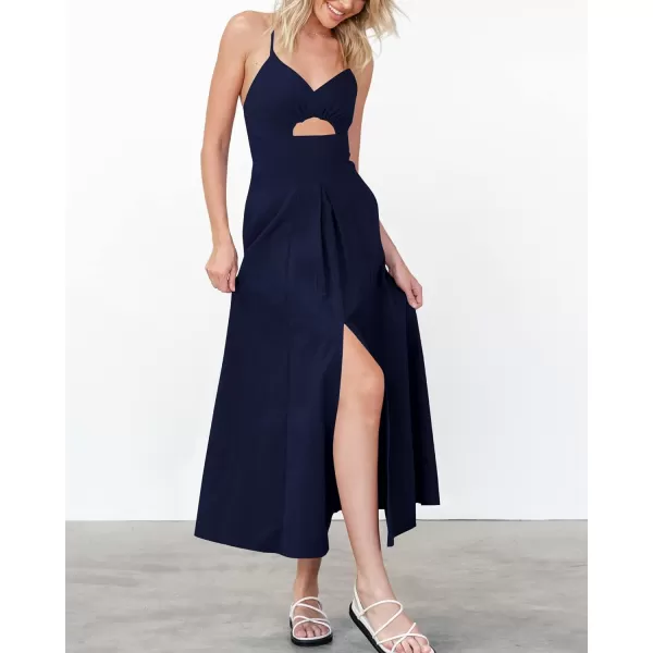 imageBTFBM Women 2023 Summer Spaghetti Strap Dress Sleeveless V Neck Cutout Slit Casual Beach Party Maxi Dresses with PocketsSolid Navy