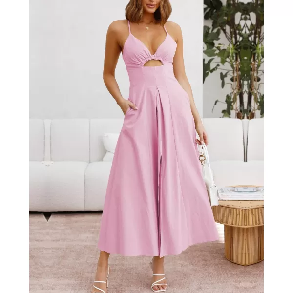 imageBTFBM Women 2023 Summer Spaghetti Strap Dress Sleeveless V Neck Cutout Slit Casual Beach Party Maxi Dresses with PocketsSolid Pink