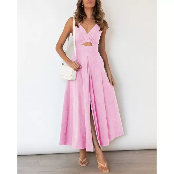 imageBTFBM Women 2023 Summer Spaghetti Strap Dress Sleeveless V Neck Cutout Slit Casual Beach Party Maxi Dresses with PocketsSolid Pink