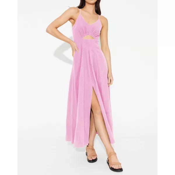 imageBTFBM Women 2023 Summer Spaghetti Strap Dress Sleeveless V Neck Cutout Slit Casual Beach Party Maxi Dresses with PocketsSolid Pink