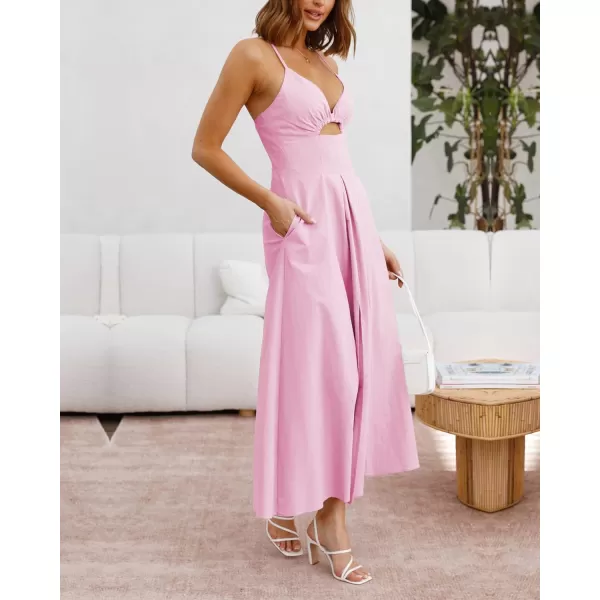 imageBTFBM Women 2023 Summer Spaghetti Strap Dress Sleeveless V Neck Cutout Slit Casual Beach Party Maxi Dresses with PocketsSolid Pink