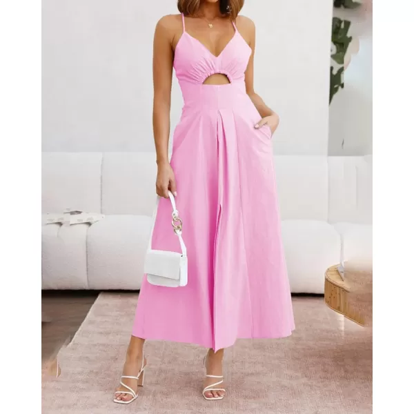 imageBTFBM Women 2023 Summer Spaghetti Strap Dress Sleeveless V Neck Cutout Slit Casual Beach Party Maxi Dresses with PocketsSolid Pink