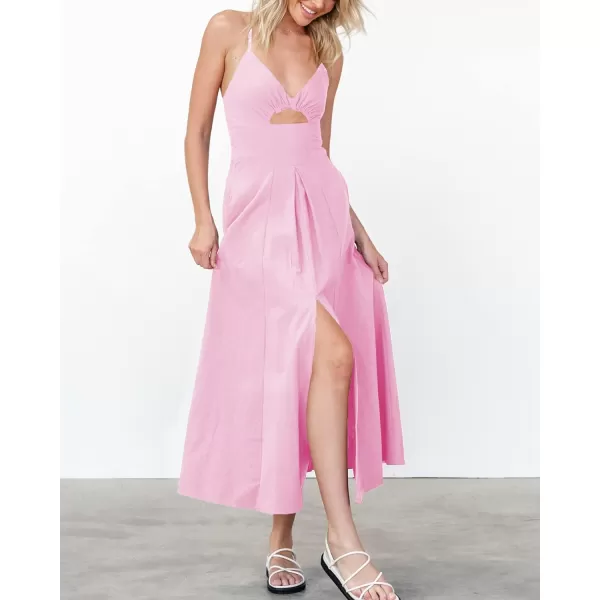 imageBTFBM Women 2023 Summer Spaghetti Strap Dress Sleeveless V Neck Cutout Slit Casual Beach Party Maxi Dresses with PocketsSolid Pink