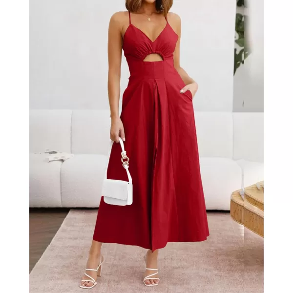 imageBTFBM Women 2023 Summer Spaghetti Strap Dress Sleeveless V Neck Cutout Slit Casual Beach Party Maxi Dresses with PocketsSolid Red