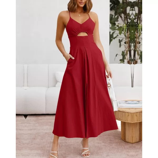 imageBTFBM Women 2023 Summer Spaghetti Strap Dress Sleeveless V Neck Cutout Slit Casual Beach Party Maxi Dresses with PocketsSolid Red