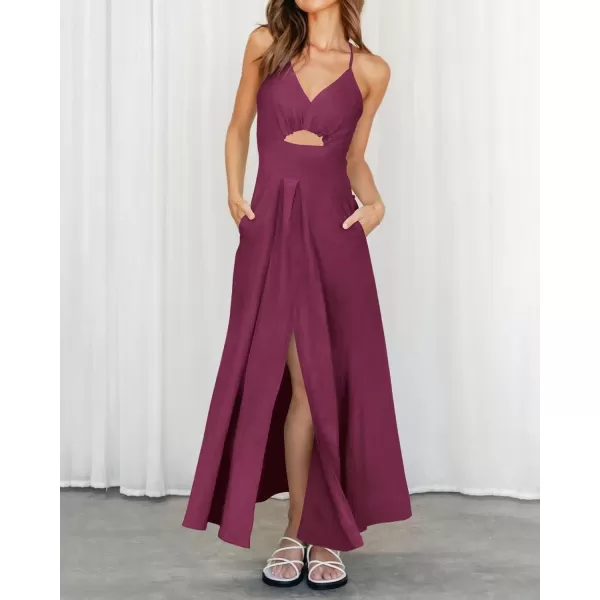 imageBTFBM Women 2023 Summer Spaghetti Strap Dress Sleeveless V Neck Cutout Slit Casual Beach Party Maxi Dresses with PocketsSolid Rose Purple
