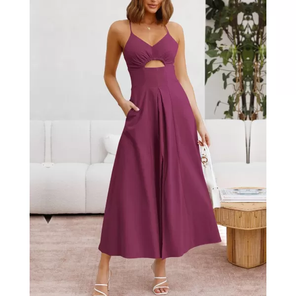 imageBTFBM Women 2023 Summer Spaghetti Strap Dress Sleeveless V Neck Cutout Slit Casual Beach Party Maxi Dresses with PocketsSolid Rose Purple