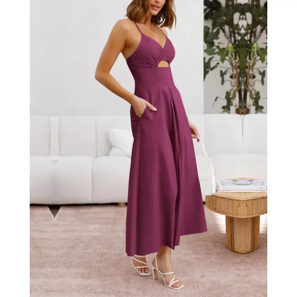 imageBTFBM Women 2023 Summer Spaghetti Strap Dress Sleeveless V Neck Cutout Slit Casual Beach Party Maxi Dresses with PocketsSolid Rose Purple