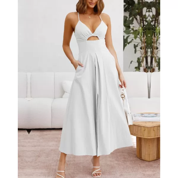 imageBTFBM Women 2023 Summer Spaghetti Strap Dress Sleeveless V Neck Cutout Slit Casual Beach Party Maxi Dresses with PocketsSolid White