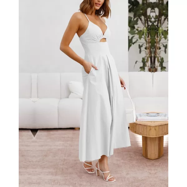 imageBTFBM Women 2023 Summer Spaghetti Strap Dress Sleeveless V Neck Cutout Slit Casual Beach Party Maxi Dresses with PocketsSolid White