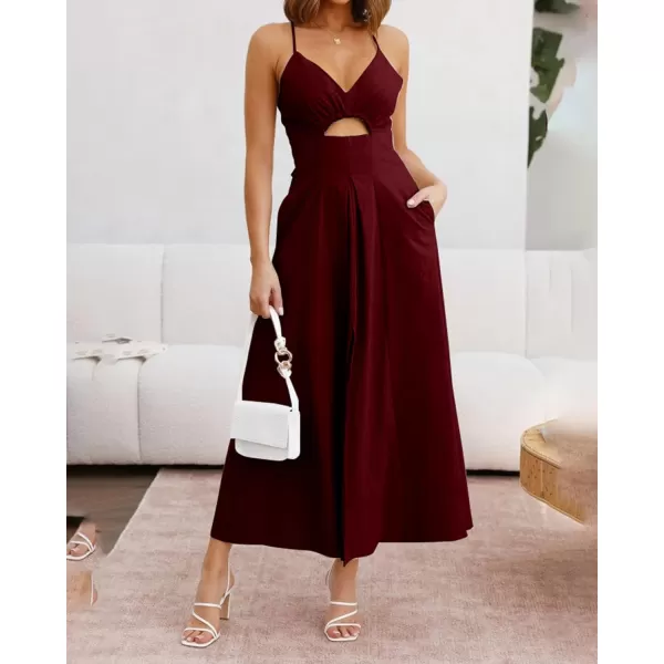 imageBTFBM Women 2023 Summer Spaghetti Strap Dress Sleeveless V Neck Cutout Slit Casual Beach Party Maxi Dresses with PocketsSolid Wine Red
