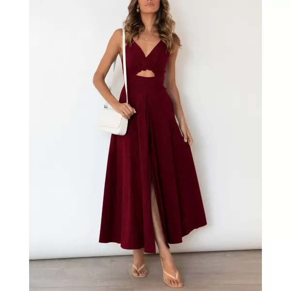 imageBTFBM Women 2023 Summer Spaghetti Strap Dress Sleeveless V Neck Cutout Slit Casual Beach Party Maxi Dresses with PocketsSolid Wine Red