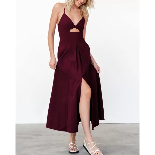 imageBTFBM Women 2023 Summer Spaghetti Strap Dress Sleeveless V Neck Cutout Slit Casual Beach Party Maxi Dresses with PocketsSolid Wine Red