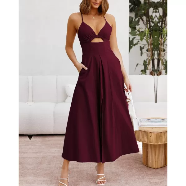 imageBTFBM Women 2023 Summer Spaghetti Strap Dress Sleeveless V Neck Cutout Slit Casual Beach Party Maxi Dresses with PocketsSolid Wine Red