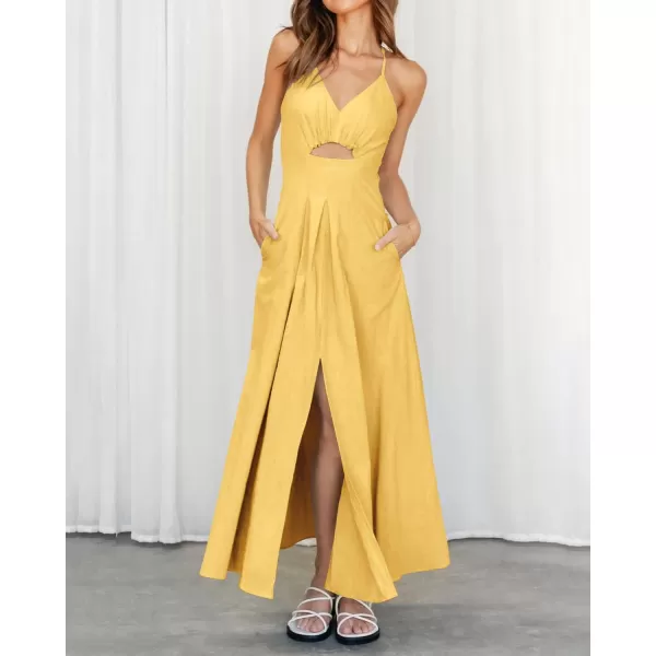 imageBTFBM Women 2023 Summer Spaghetti Strap Dress Sleeveless V Neck Cutout Slit Casual Beach Party Maxi Dresses with PocketsSolid Yellow