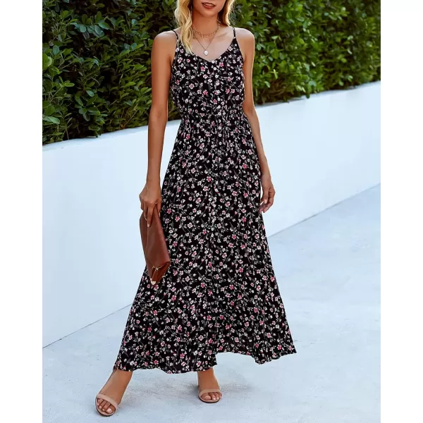 imageBTFBM Women 2023 Summer Spaghetti Strap V Neck Dress Polka Dot Floral Button Down Slit Sleeveless ALine Maxi DressesFloral Black