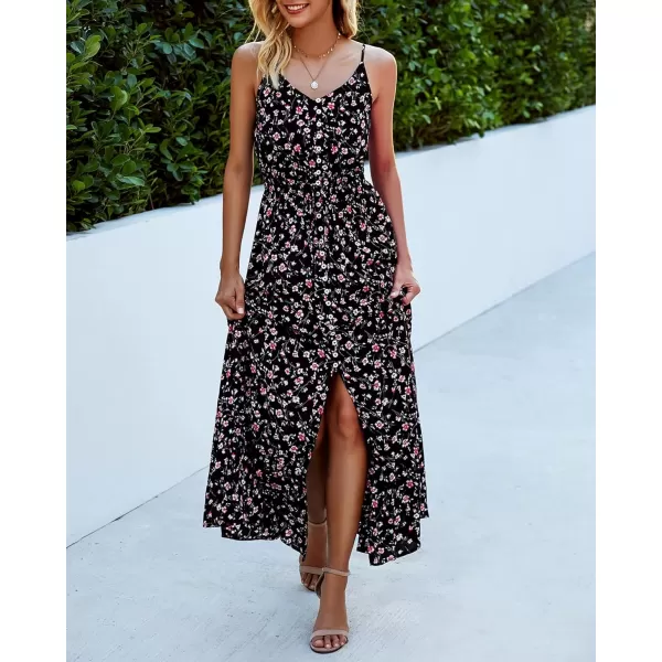 imageBTFBM Women 2023 Summer Spaghetti Strap V Neck Dress Polka Dot Floral Button Down Slit Sleeveless ALine Maxi DressesFloral Black