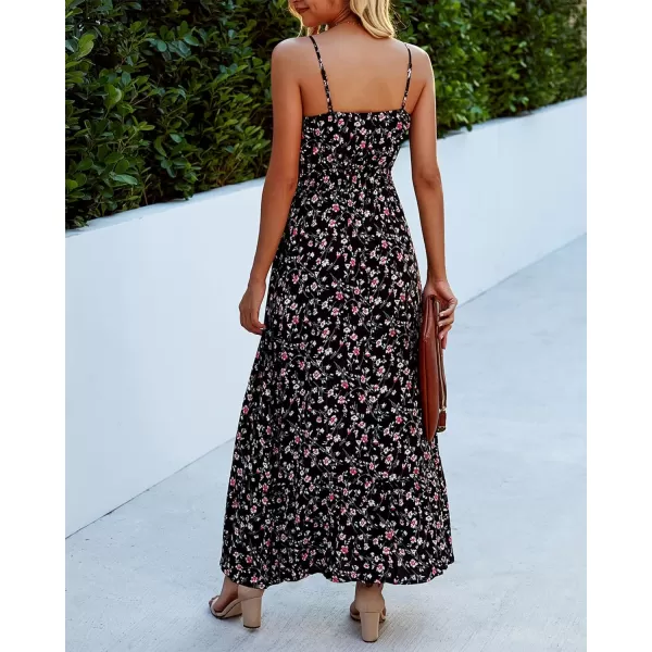 imageBTFBM Women 2023 Summer Spaghetti Strap V Neck Dress Polka Dot Floral Button Down Slit Sleeveless ALine Maxi DressesFloral Black