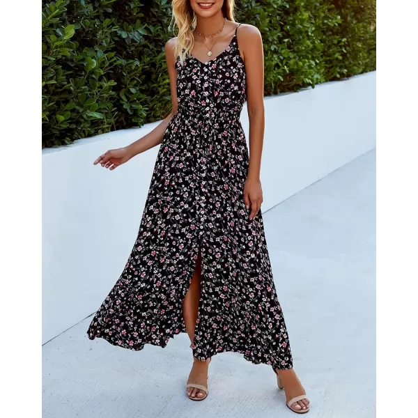 imageBTFBM Women 2023 Summer Spaghetti Strap V Neck Dress Polka Dot Floral Button Down Slit Sleeveless ALine Maxi DressesFloral Black