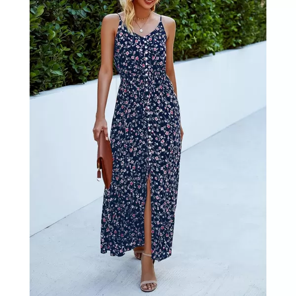 imageBTFBM Women 2023 Summer Spaghetti Strap V Neck Dress Polka Dot Floral Button Down Slit Sleeveless ALine Maxi DressesFloral Dark Blue