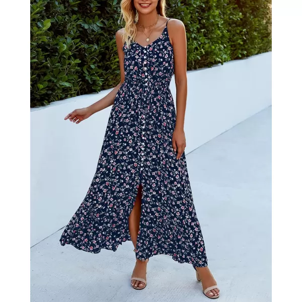 imageBTFBM Women 2023 Summer Spaghetti Strap V Neck Dress Polka Dot Floral Button Down Slit Sleeveless ALine Maxi DressesFloral Dark Blue