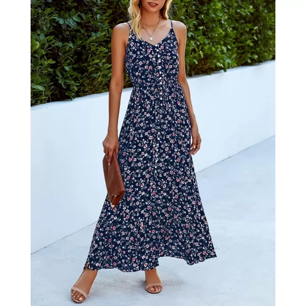 imageBTFBM Women 2023 Summer Spaghetti Strap V Neck Dress Polka Dot Floral Button Down Slit Sleeveless ALine Maxi DressesFloral Dark Blue