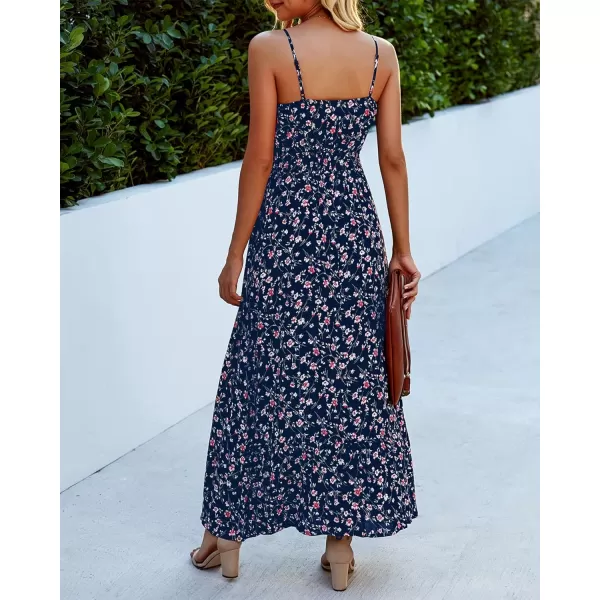 imageBTFBM Women 2023 Summer Spaghetti Strap V Neck Dress Polka Dot Floral Button Down Slit Sleeveless ALine Maxi DressesFloral Dark Blue