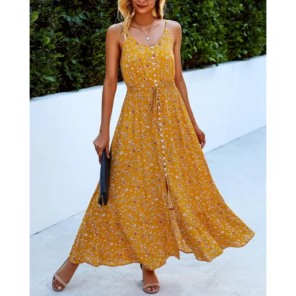 imageBTFBM Women 2023 Summer Spaghetti Strap V Neck Dress Polka Dot Floral Button Down Slit Sleeveless ALine Maxi DressesFloral Yellow